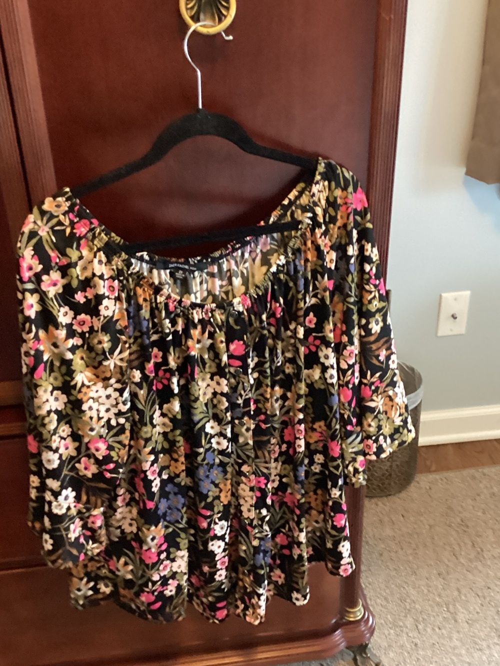 Zac & Rachel Black Floral Off-Shoulder Top with Pink & Green Accents